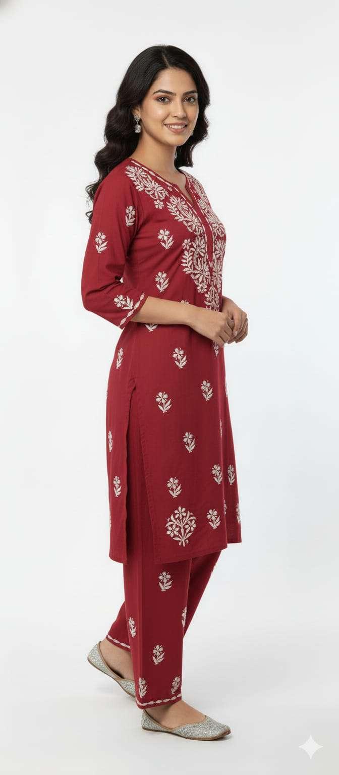 Maroon Chikankari kurti plazzo set - Thumbnail 2