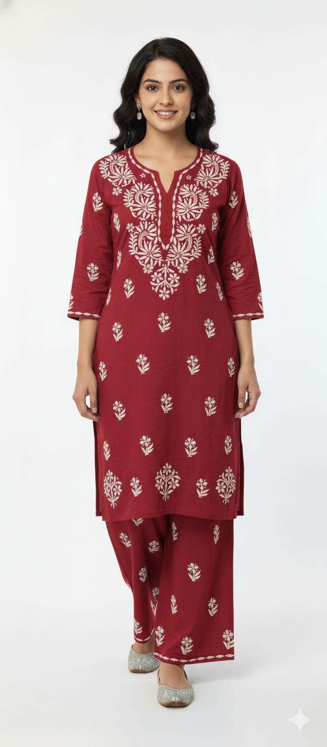 Maroon Chikankari kurti plazzo set - Thumbnail 3